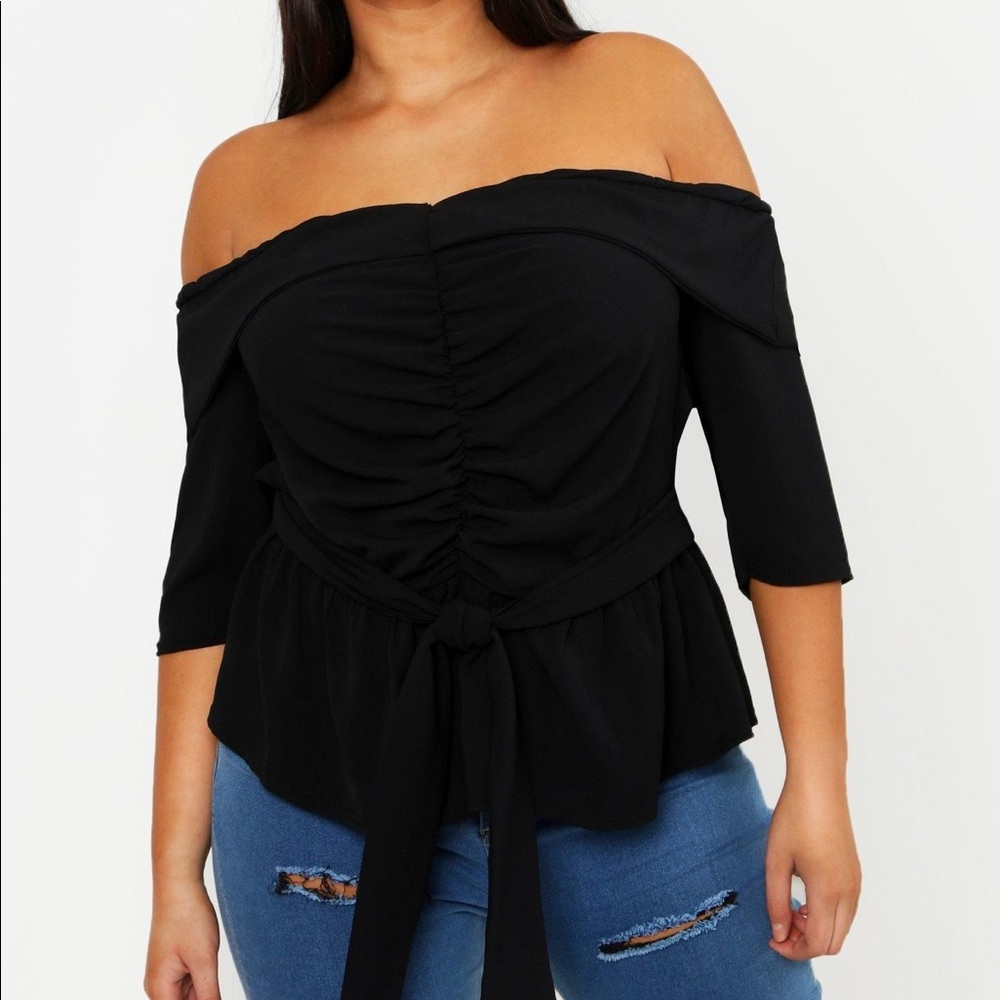 Plus Ruched Off The Shoulder Tie Detail Blouse